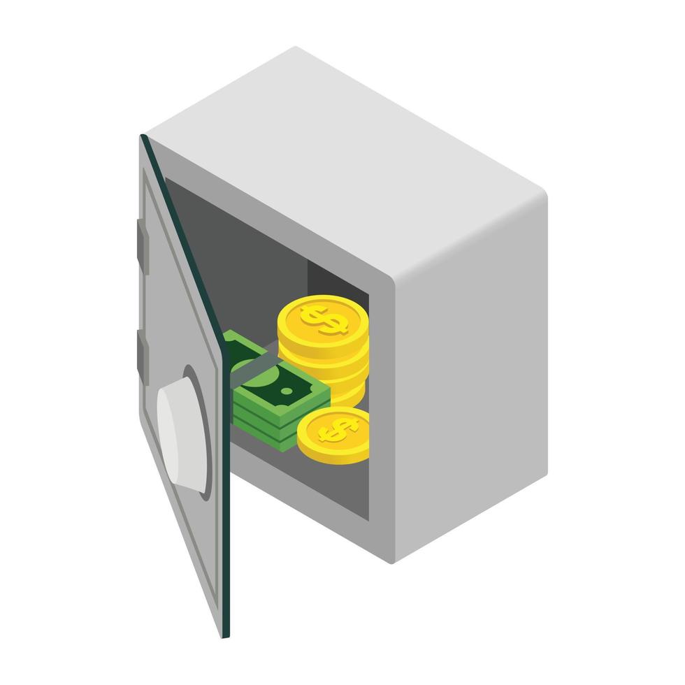 Open safe with money coin and banknote icon vector