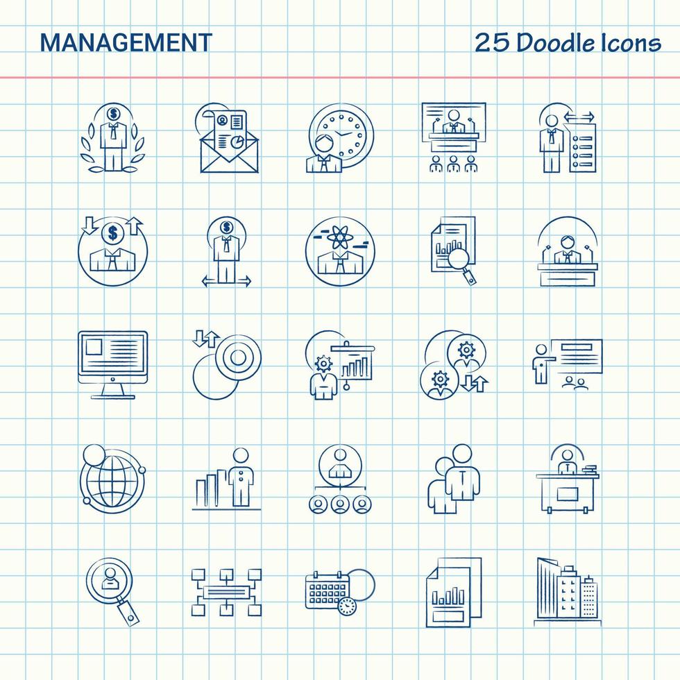 administración 25 iconos de doodle conjunto de iconos de negocios dibujados a mano vector