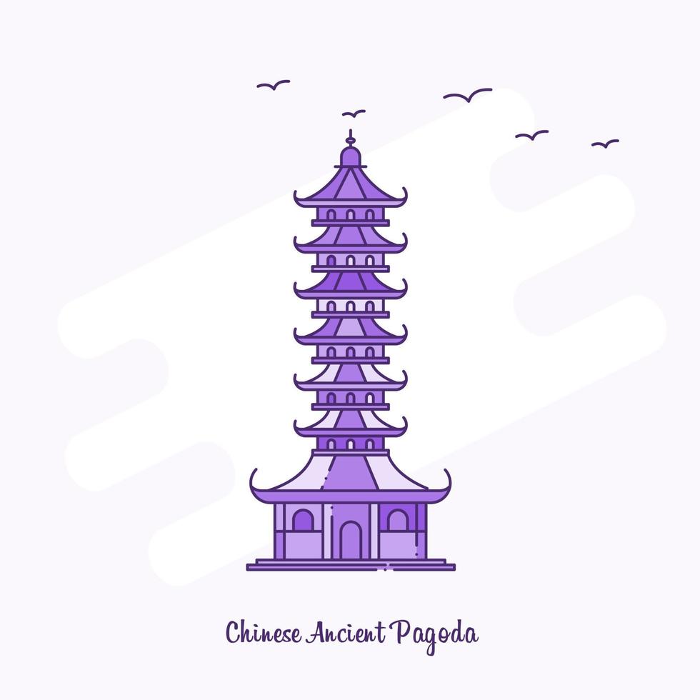 pagoda antigua china hito púrpura línea punteada horizonte vector ilustración