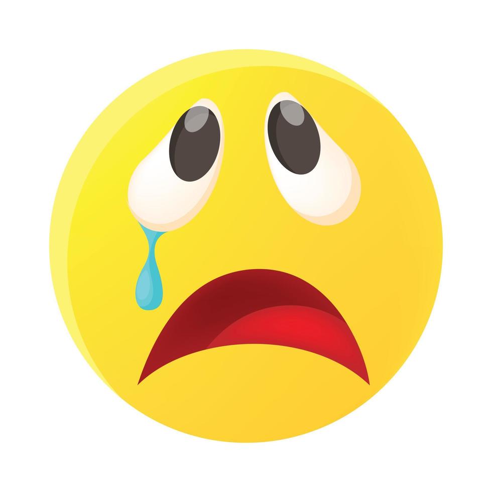 Crying face emoticon with tear icon, cartoon style vector