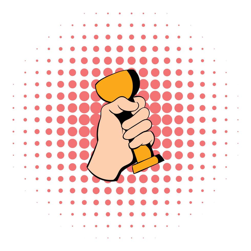 Hand holding trophy cup icon, comics style vector