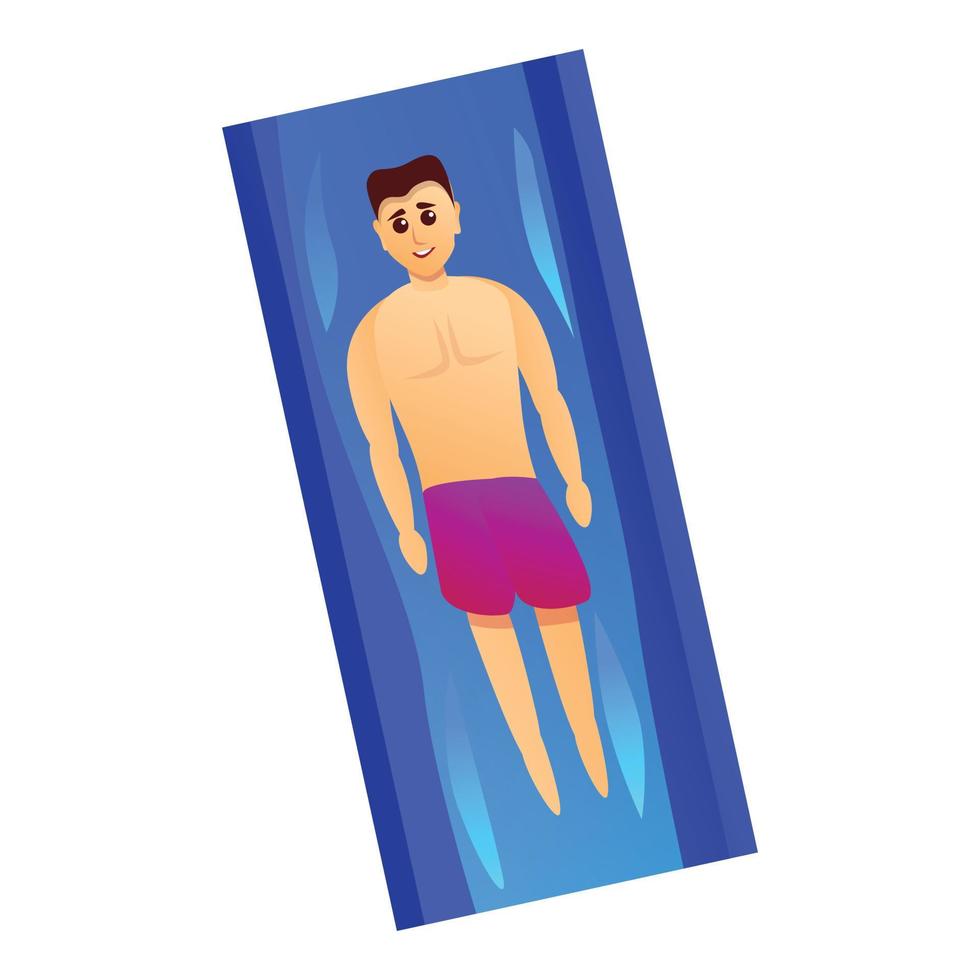 Man rest on water mattress icon, cartoon style vector