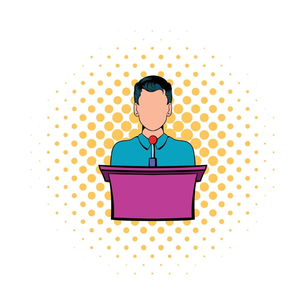 Orator speaking from tribune icon, comics style vector