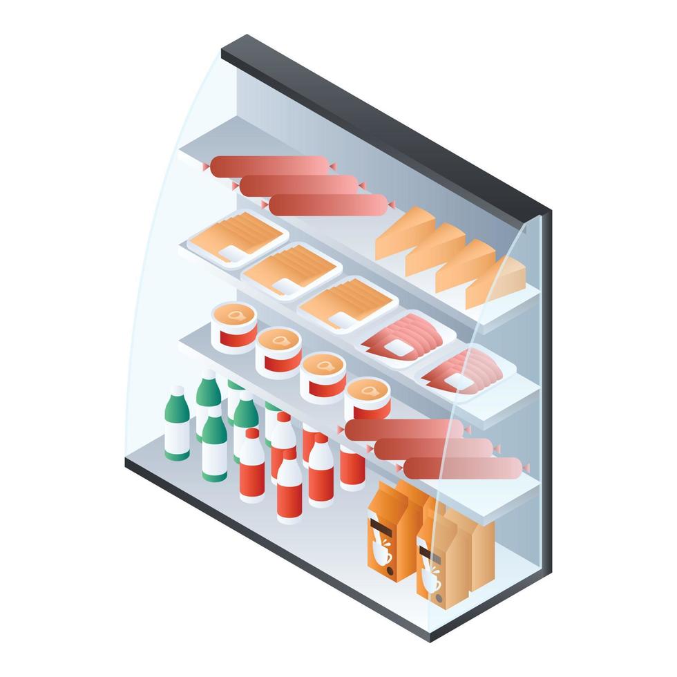 Food showcase fridge icon, isometric style vector