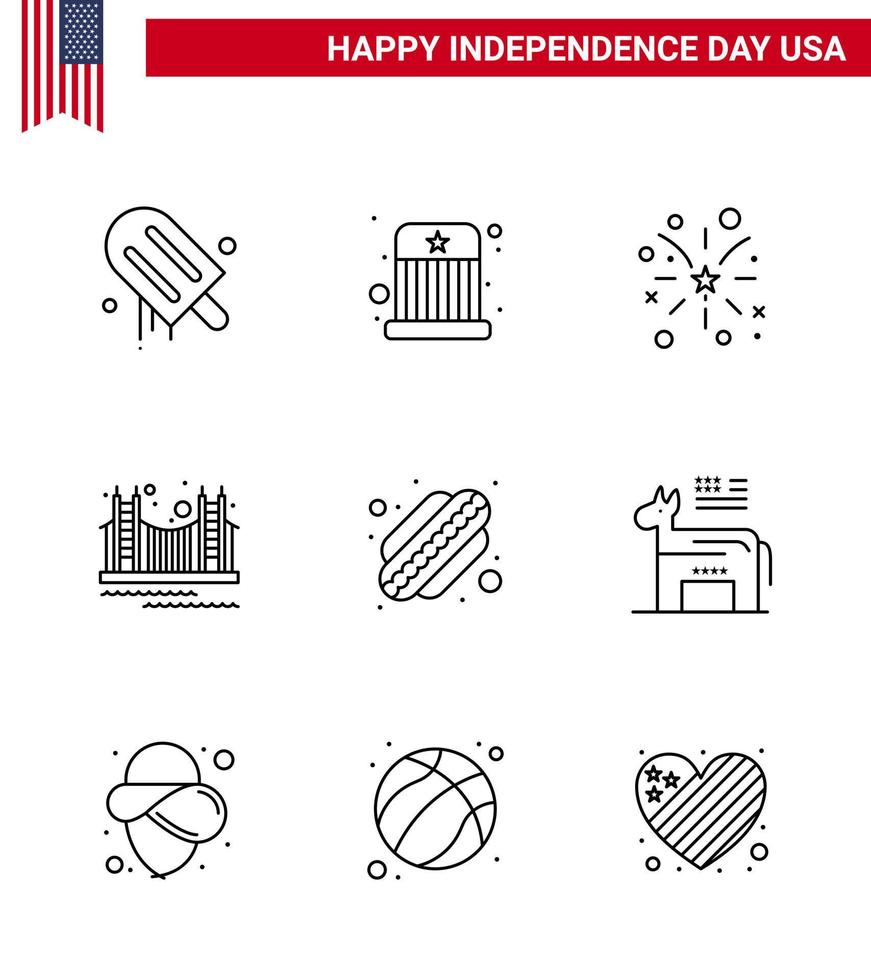 Editable Vector Line Pack of USA Day 9 Simple Lines of usa landmark firework golden bridge Editable USA Day Vector Design Elements