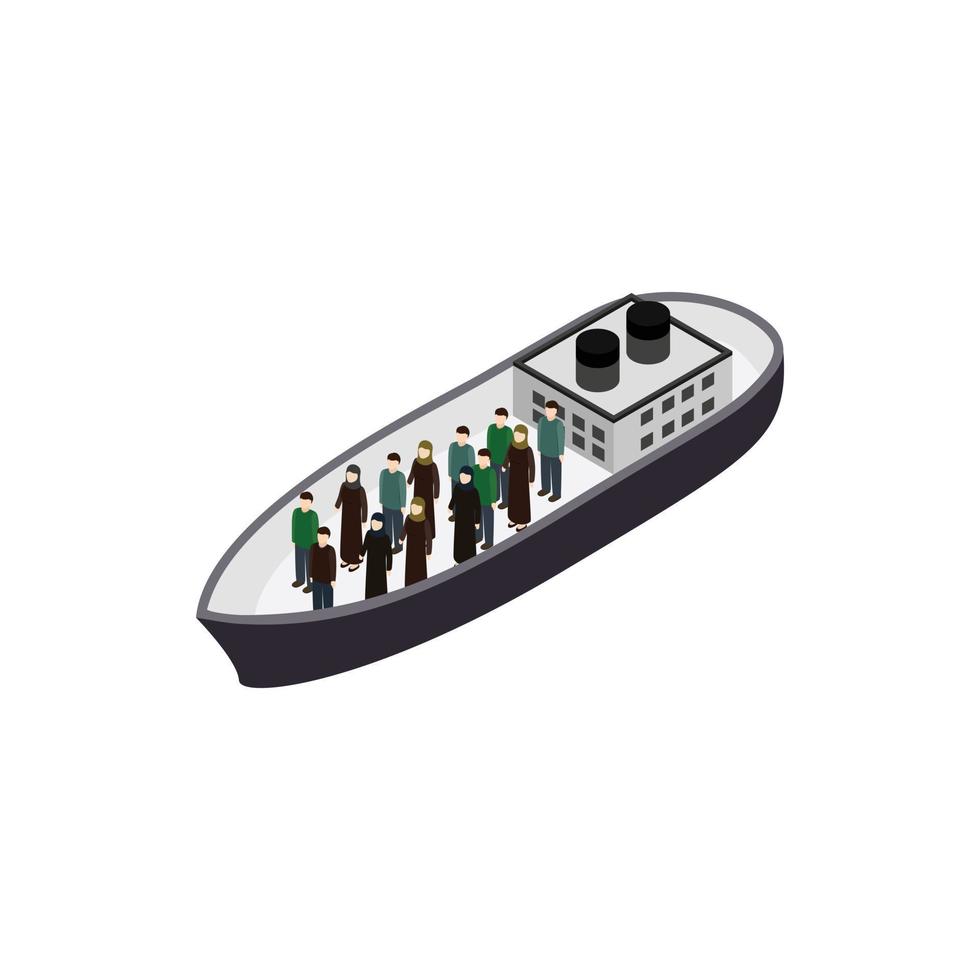 refugiados en el icono del barco, estilo isométrico 3d vector