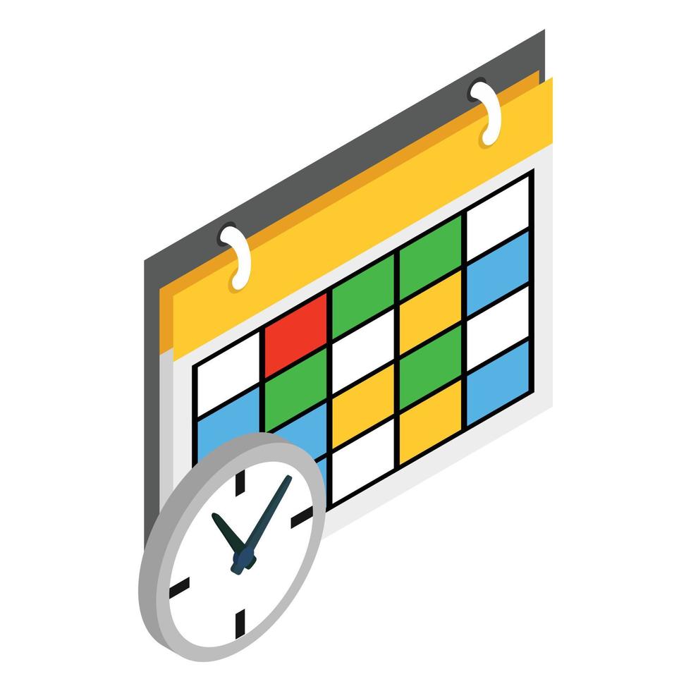 Schedule and clock icon, isometric 3d style vector