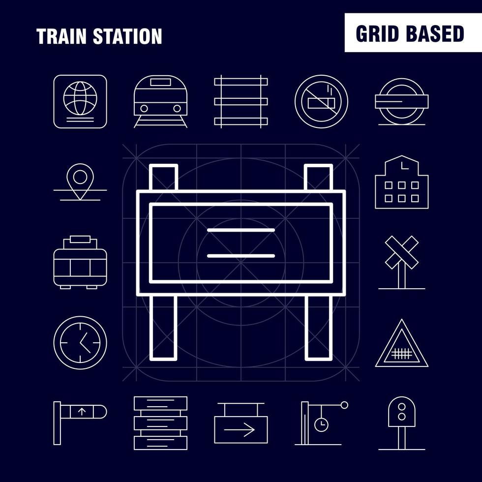 los iconos de la línea de la estación de tren establecidos para infografías kit uxui móvil y el diseño de impresión incluyen la entrada de la estación de tren metro tren ferrocarril conjunto de iconos de señal de ferrocarril vector