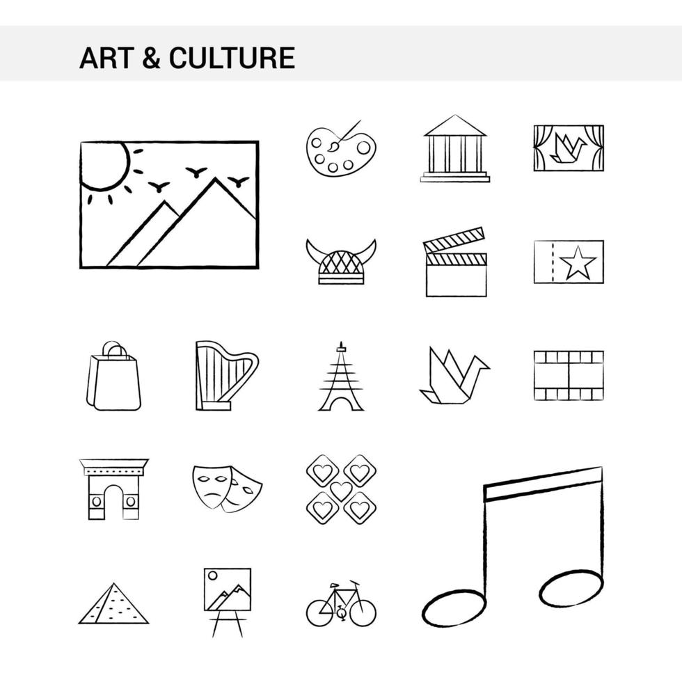 Art and Culture hand drawn Icon set style isolated on white background Vector