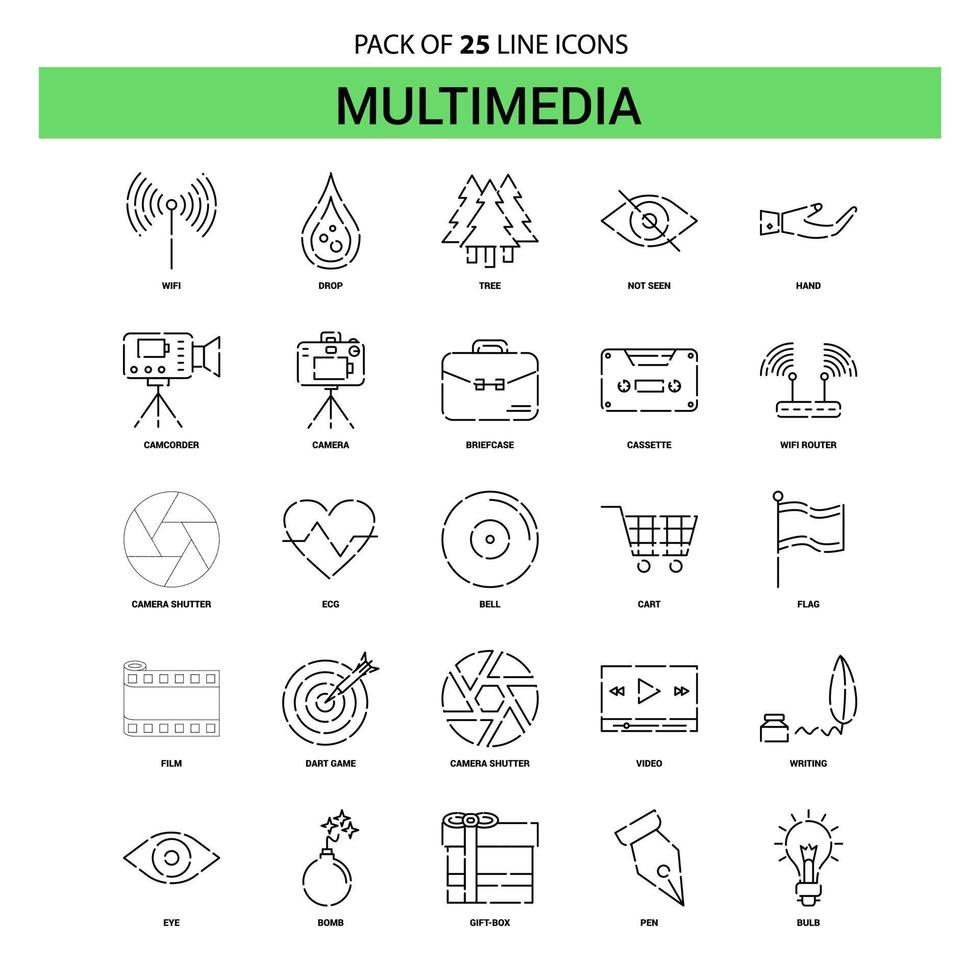 Multimedia Line Icon Set 25 Dashed Outline Style vector