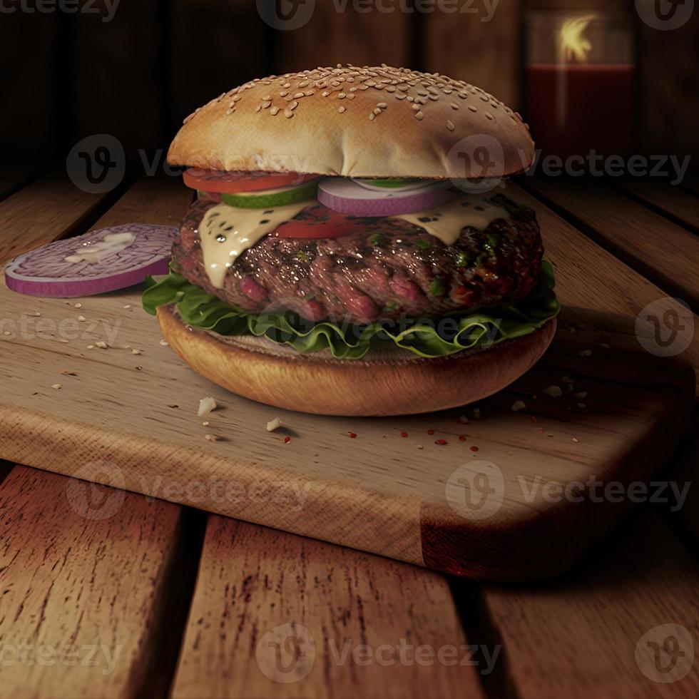 Delicious homemade steakburger on an old wooden table. Fat unhealthy food close-up. photo