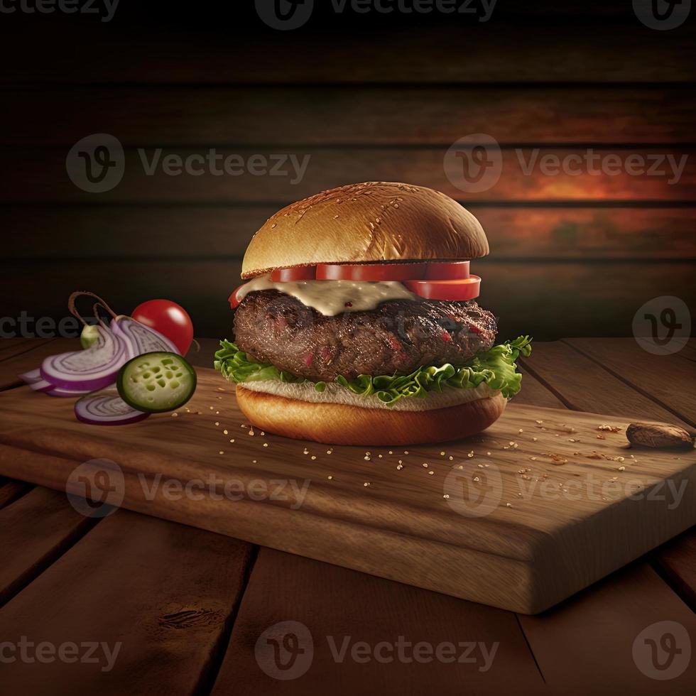 Delicious homemade steakburger on an old wooden table. Fat unhealthy food close-up. photo