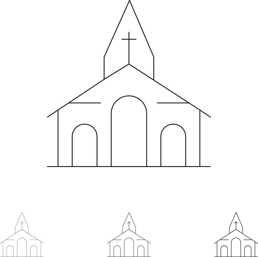 edificio navidad iglesia primavera audaz y delgada línea negra conjunto de iconos vector
