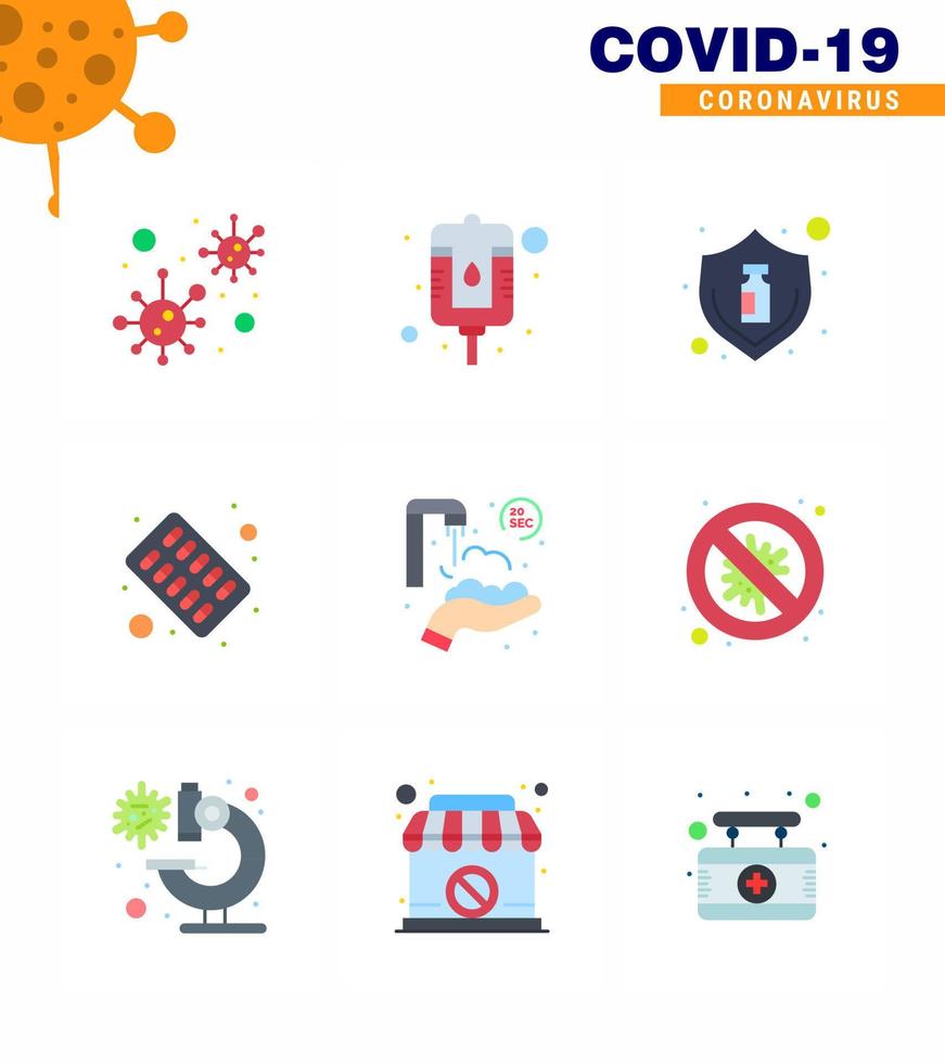 corona virus prevention covid19 tips to avoid injury 9 Flat Color icon for presentation twenty seconds pills flu medical bottle viral coronavirus 2019nov disease Vector Design Elements