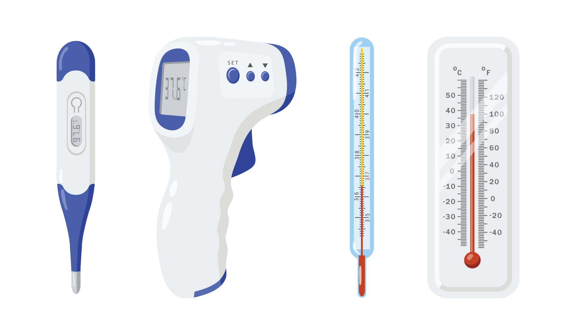 various types of thermometer tools for measuring body temperature