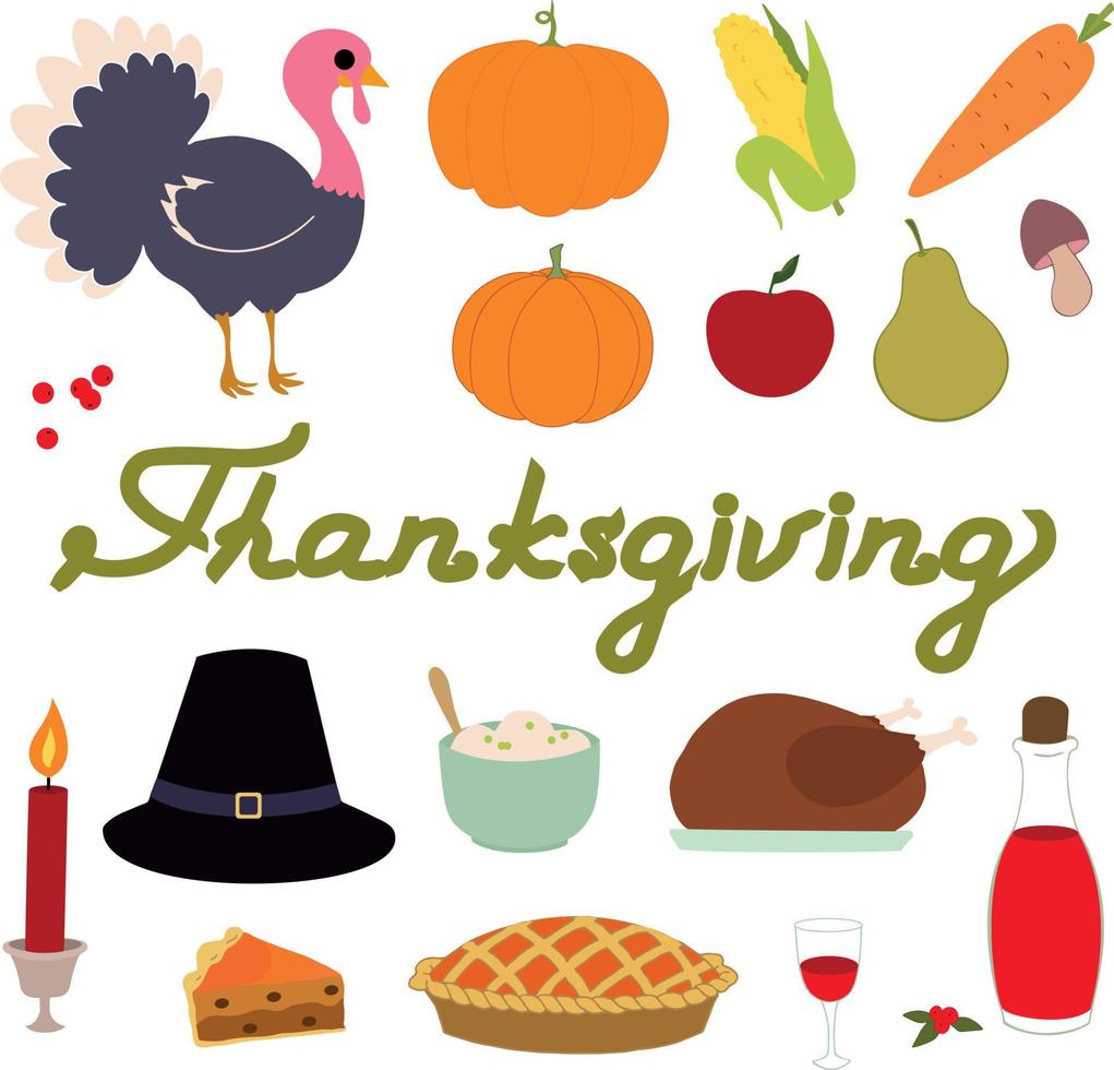 Thanksgiving day celebration set. Happy Thanksgiving day. Hand drawn elements. Vector illustration