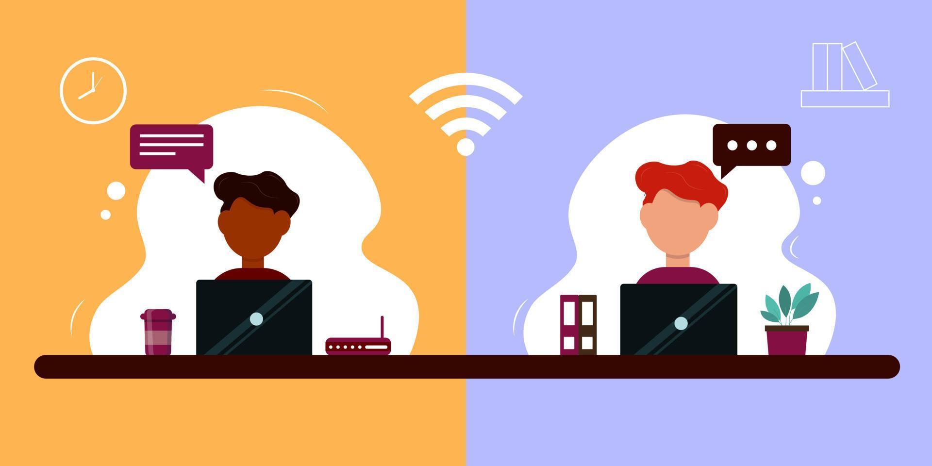 Men with laptops. Video chat. Students. Correspondence. Work. Video chat. Illustration. Vector. vector