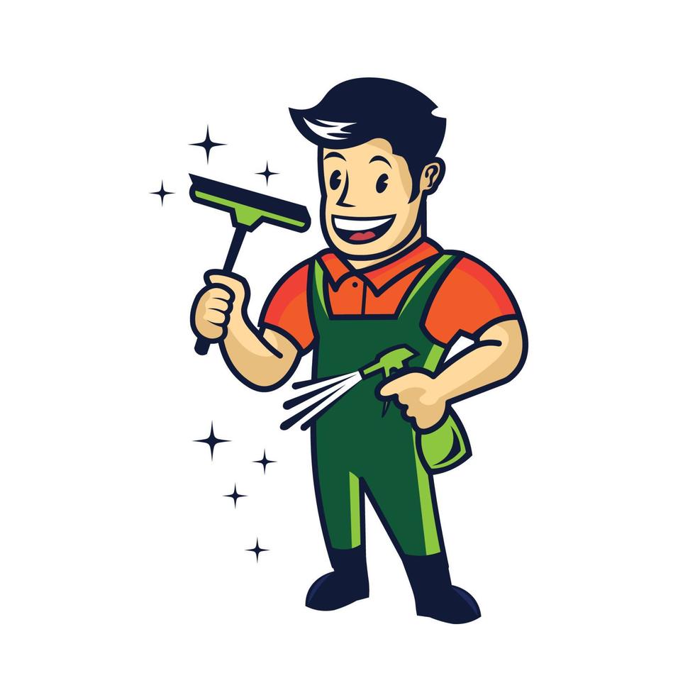 Window Cleaning  mascot character with squeegee spray vector illustration in retro style, good for Cleaning service Business company logo,and tshirt, patch, sticker design