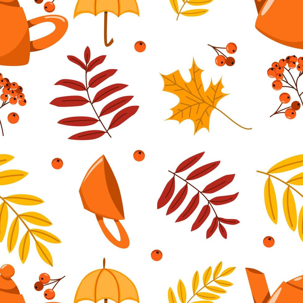 Seamless vector pattern of various autumn leaves, rowan berries and tea mugs