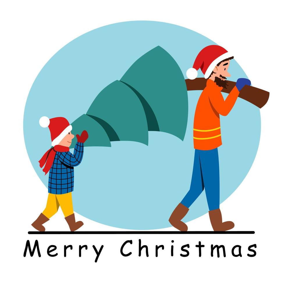 people carry a Christmas tree together. Father and son are preparing to celebrate the New Year. vector