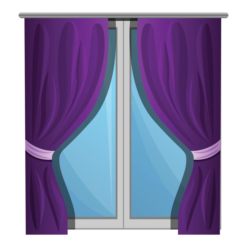 Purple window curtains icon, cartoon style vector