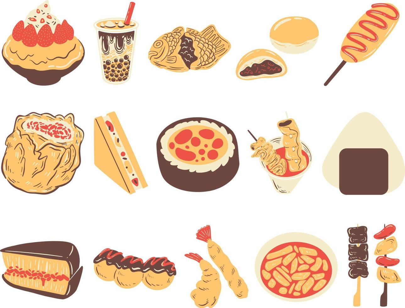 Tasty asian street food illustration set vector