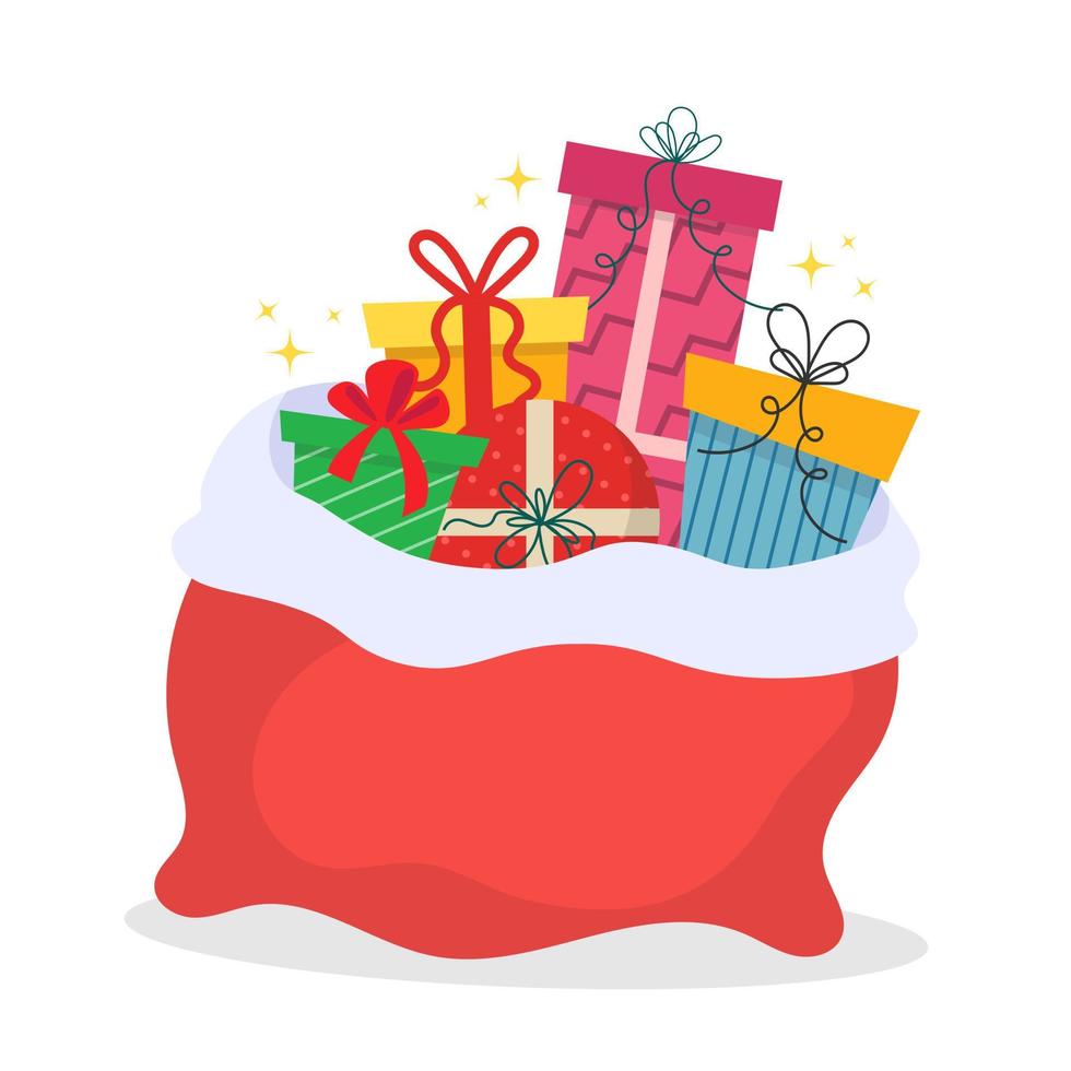 Red Christmas bag with gifts from Santa. Vector illustra