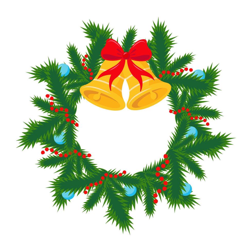 Christmas wreath with ribbons, balls and a bow. Vector illustration.