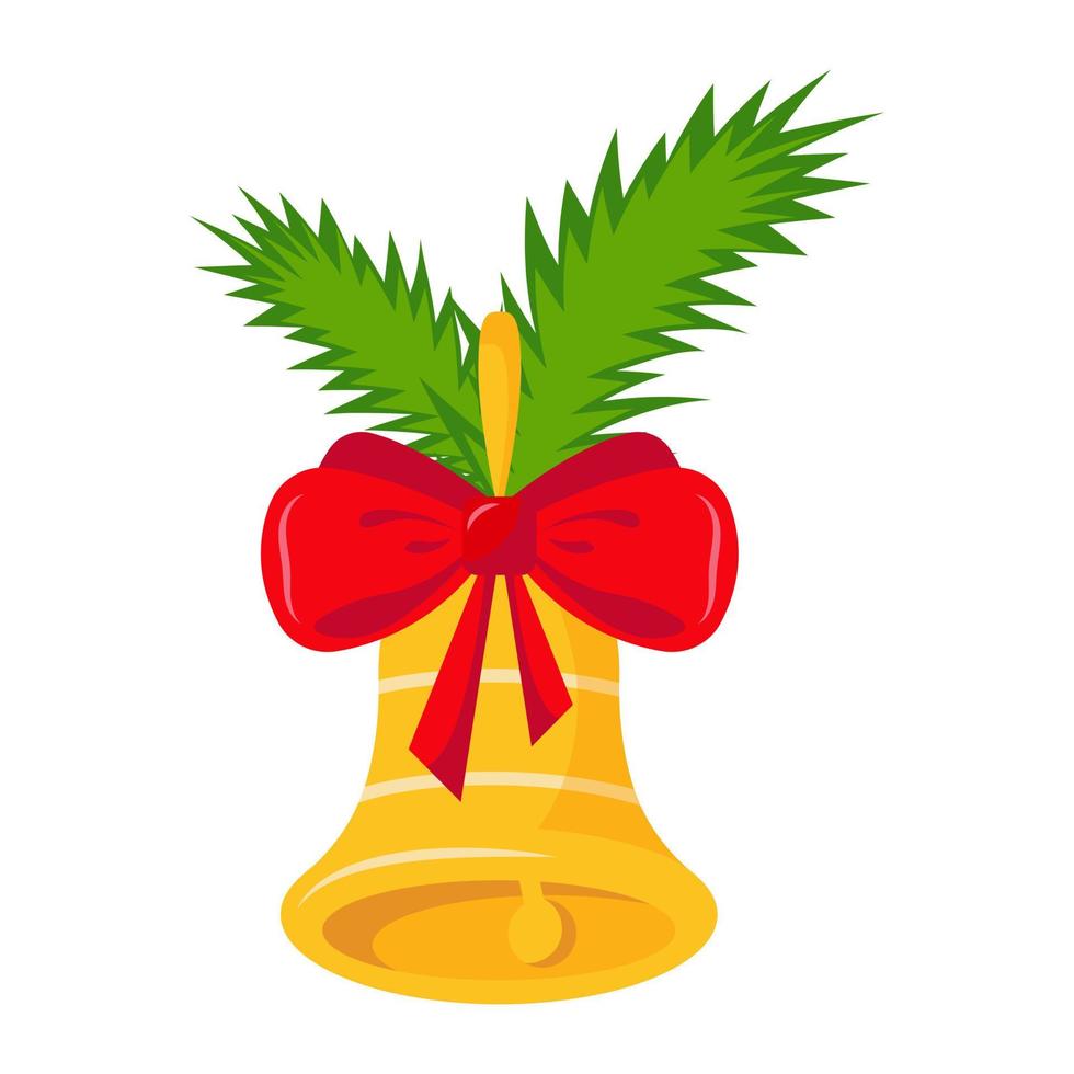 Golden Christmas bell with branches of a Christmas tree and a red bow. Vector illustration.