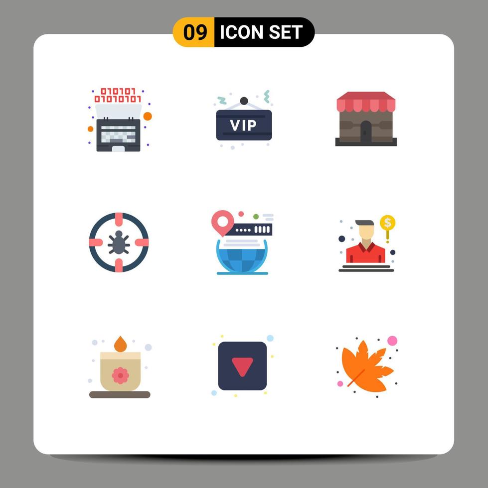Set of 9 Commercial Flat Colors pack for map protection ecommerce network bug Editable Vector Design Elements