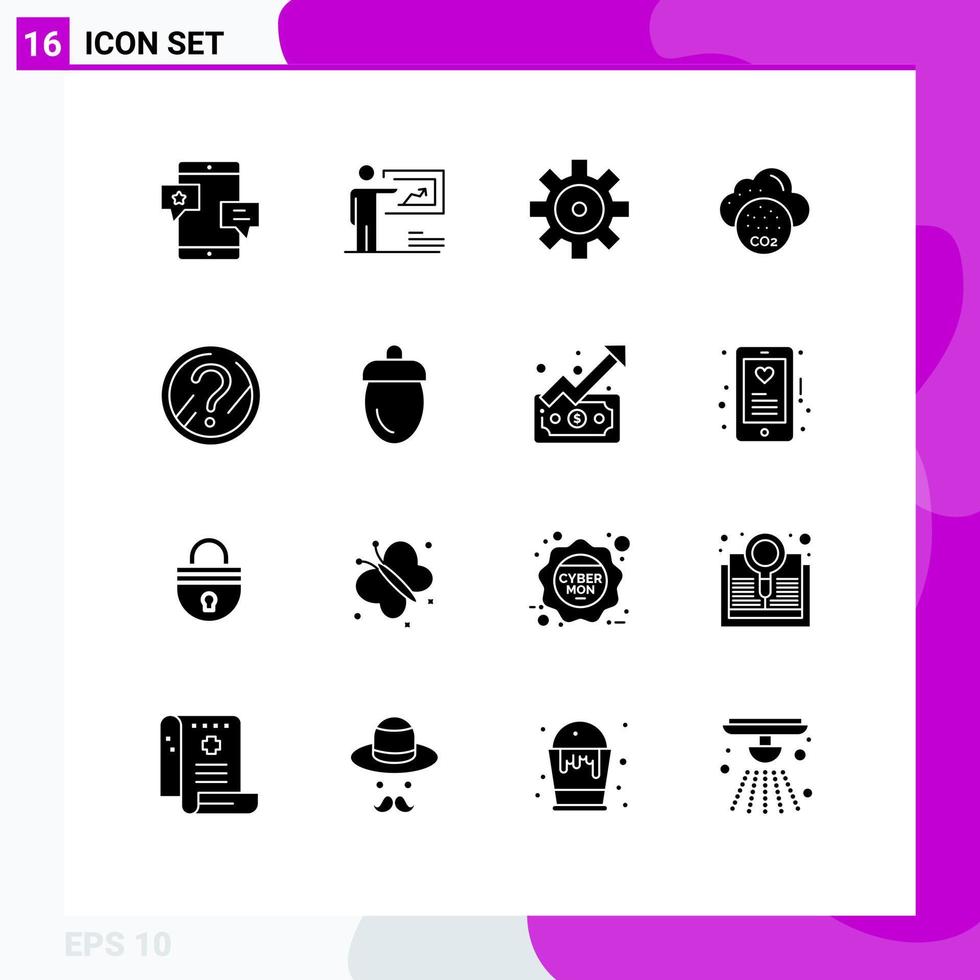 16 Thematic Vector Solid Glyphs and Editable Symbols of question co business pollustion vehicle configuration Editable Vector Design Elements