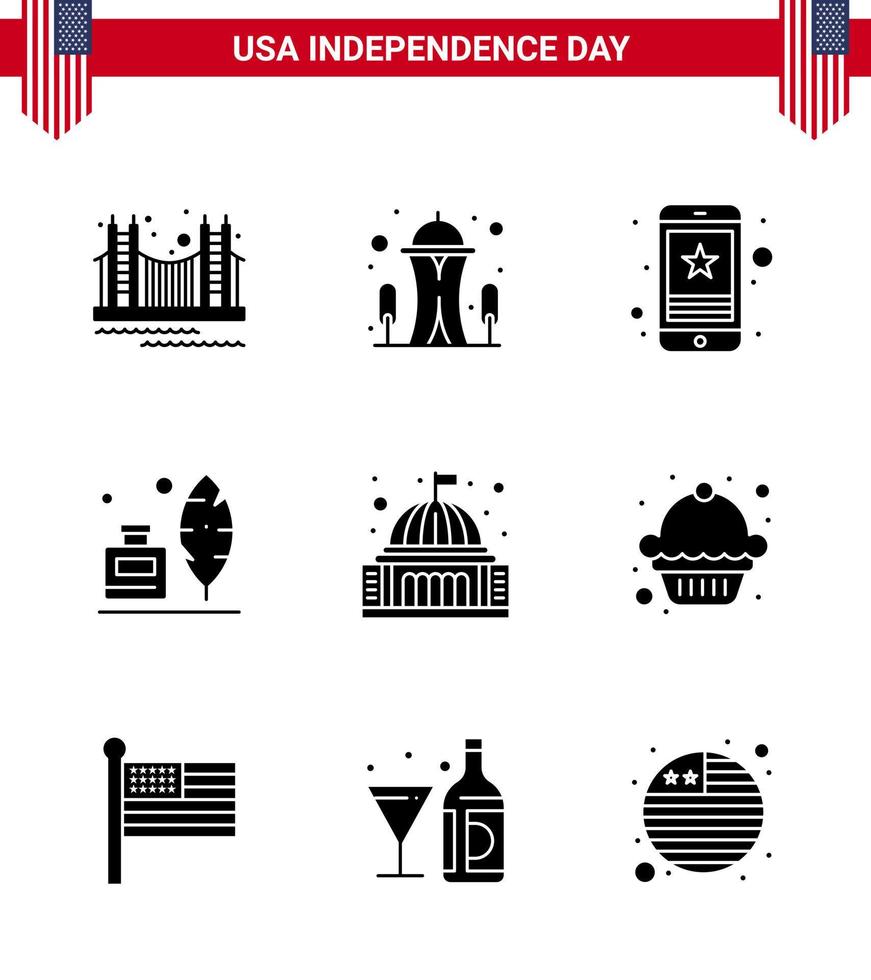 Group of 9 Solid Glyphs Set for Independence day of United States of America such as ink bottle adobe needle phone smart phone Editable USA Day Vector Design Elements