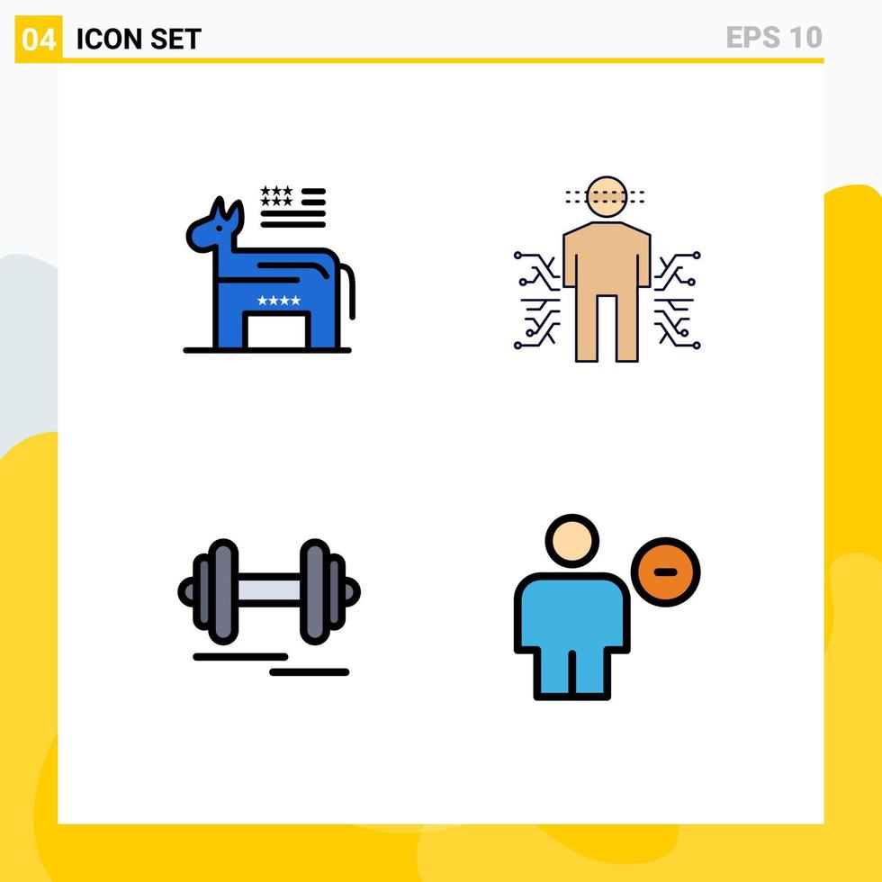 4 Universal Filledline Flat Colors Set for Web and Mobile Applications donkey dumbbell symbol data sport Editable Vector Design Elements