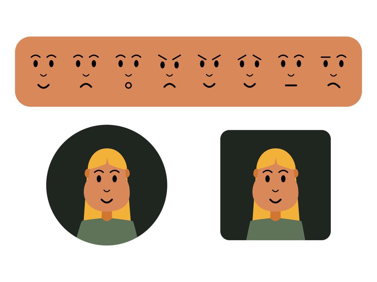 Customizable cute straight hair girl or woman avatar with happy, sad, surprised, mad, evil, hopeful, palm face, and confused expressions. picture profile template for web or app design vector