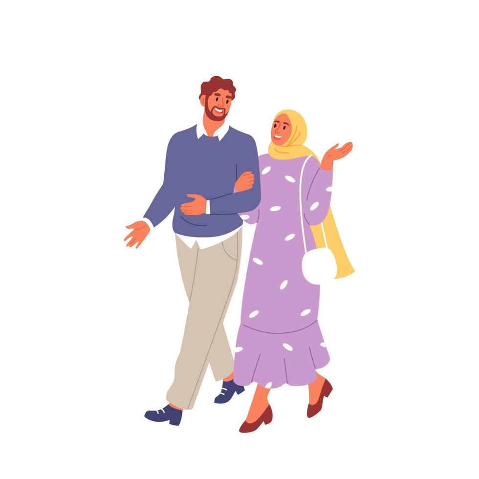 Happy muslim couple walking. Flat vector illustration.