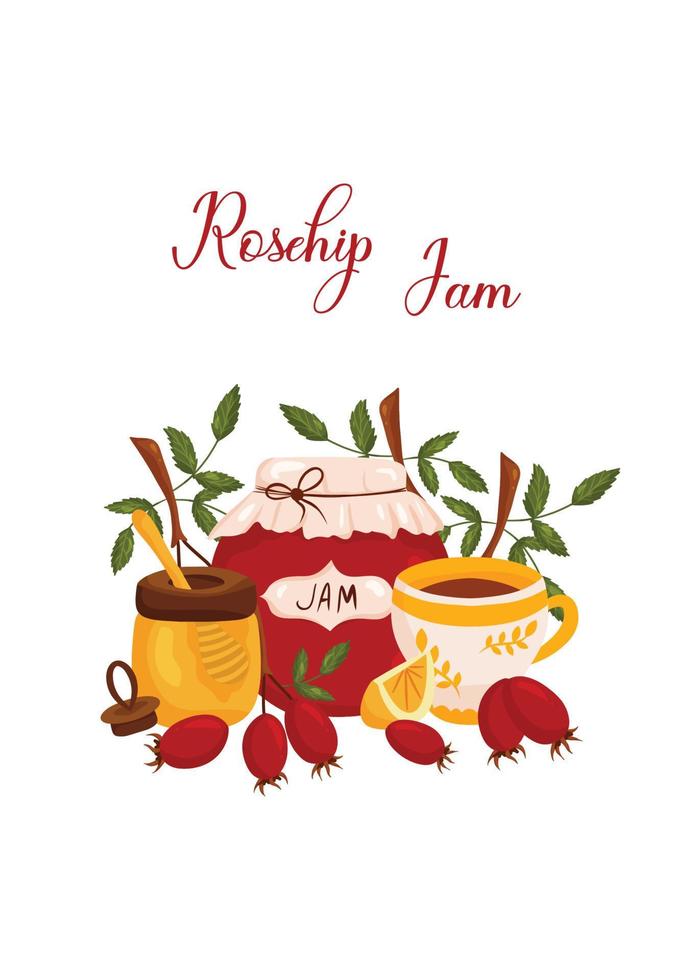 Tea party postcard with rosehip jam jar, tea, honey and lemon vector