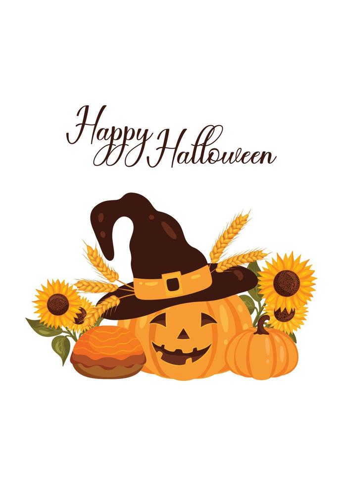 postal de halloween con calabaza, girasoles, trigo y pastel vector