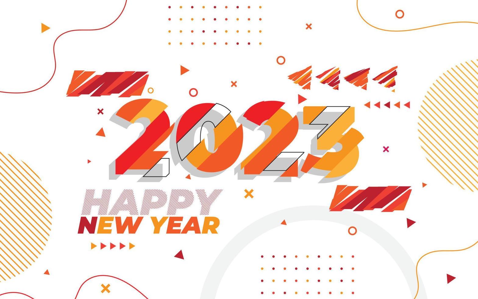 plantilla de tarjeta de felicitación de feliz año nuevo 2023, tipografía de moda con patrón geométrico hipster en estilo memphis, fondo de logotipo 2023, aplicable para banner, calendario, invitación, volante, medios sociales vector