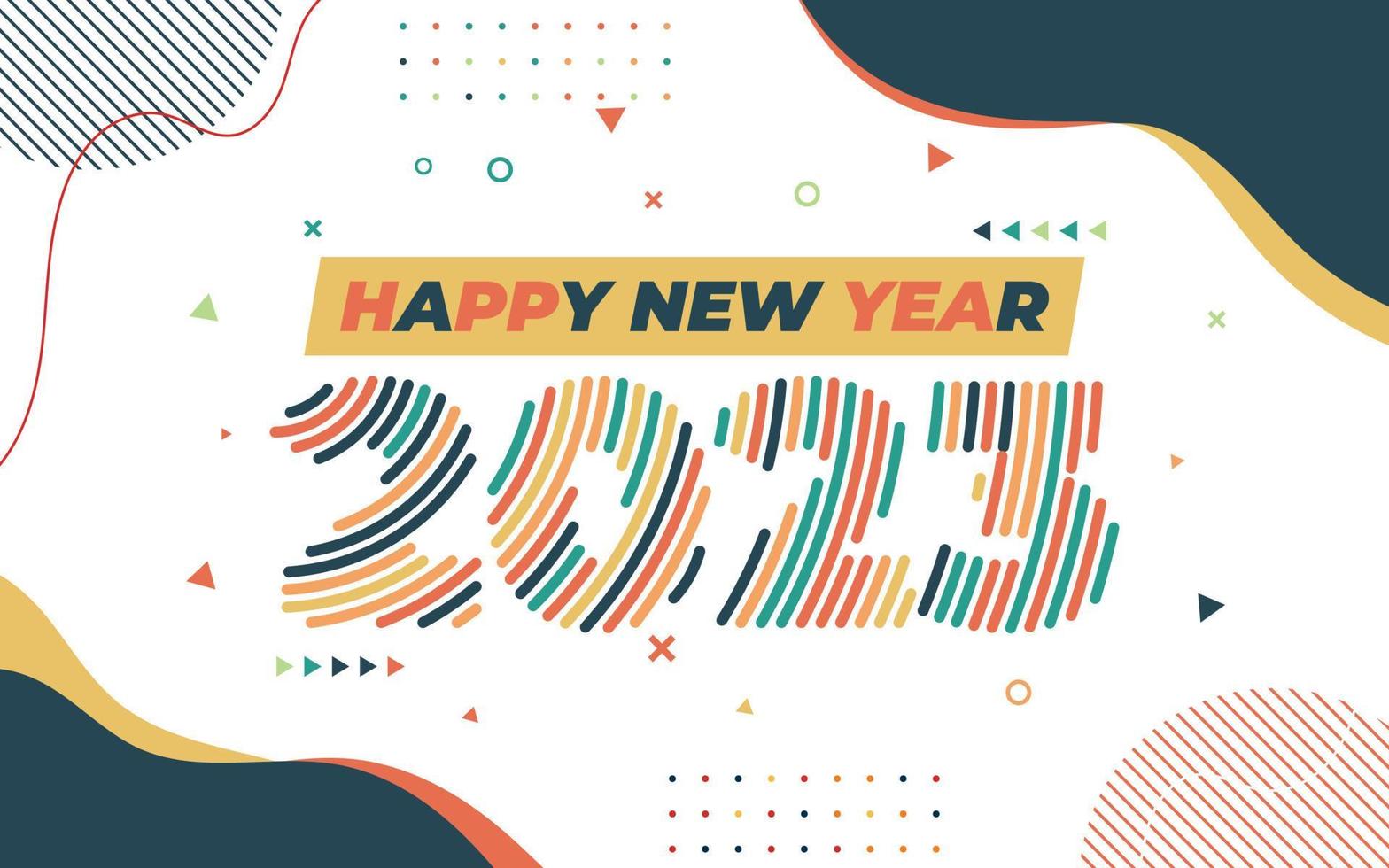 Happy new year 2023 greeting card template, Trendy typography with geometric hipster pattern in Memphis style, 2023 logo background, Applicable for banner, calendar, invitation, flyer, social media vector
