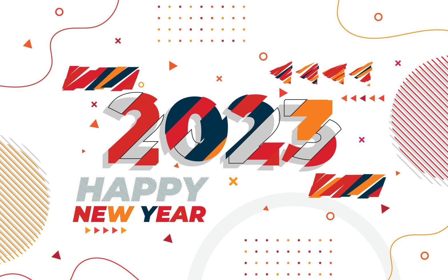 plantilla de tarjeta de felicitación de feliz año nuevo 2023, tipografía de moda con patrón geométrico hipster en estilo memphis, fondo de logotipo 2023, aplicable para banner, calendario, invitación, volante, medios sociales vector