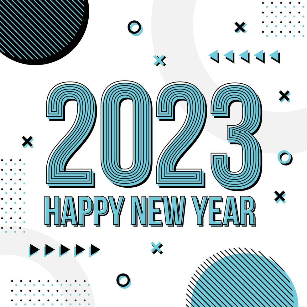 plantilla de tarjeta de felicitación de feliz año nuevo 2023, tipografía de moda con patrón geométrico hipster en estilo memphis, fondo de logotipo 2023, aplicable para banner, calendario, invitación, volante, medios sociales vector