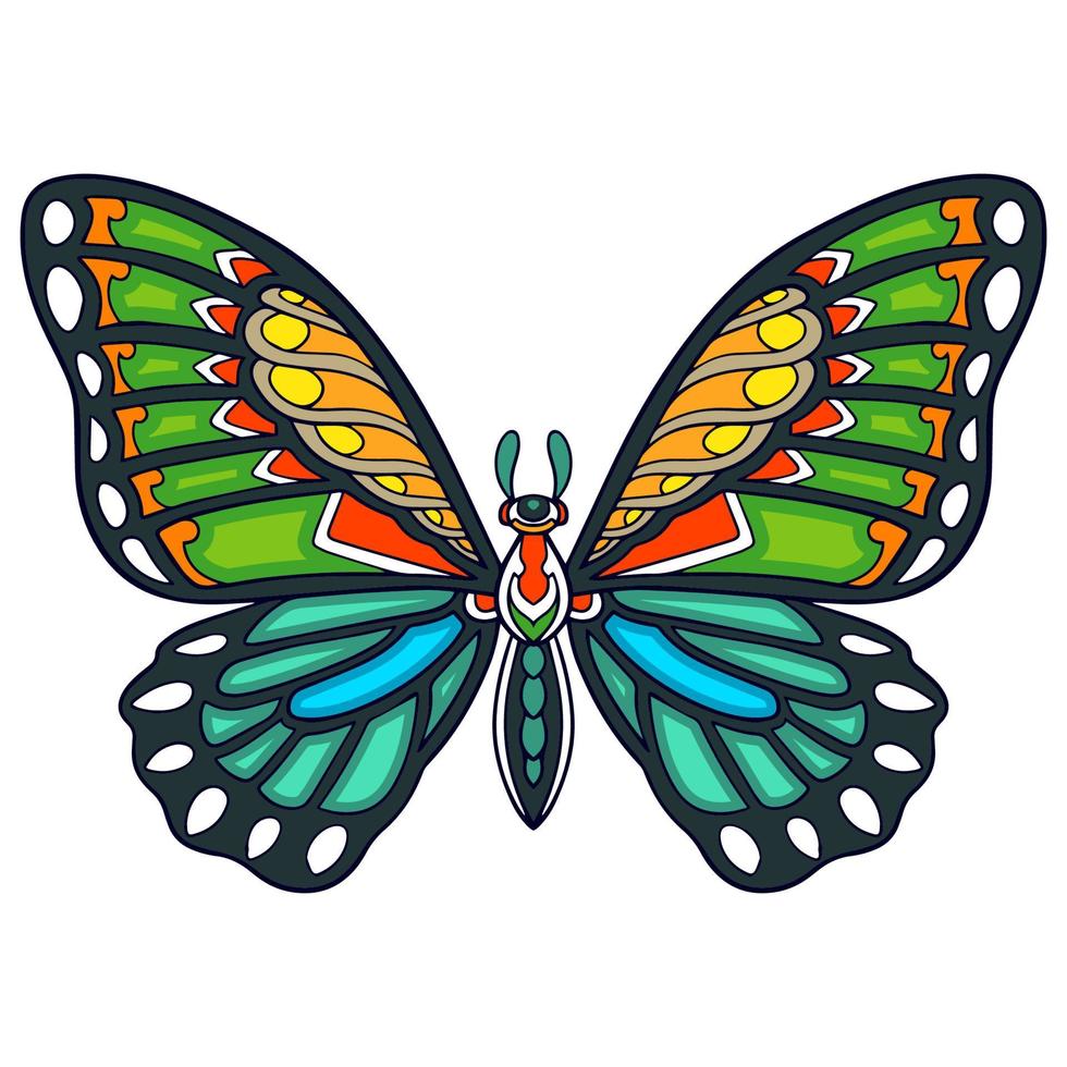 Coloridas artes mandala mariposa aislado sobre fondo blanco. vector