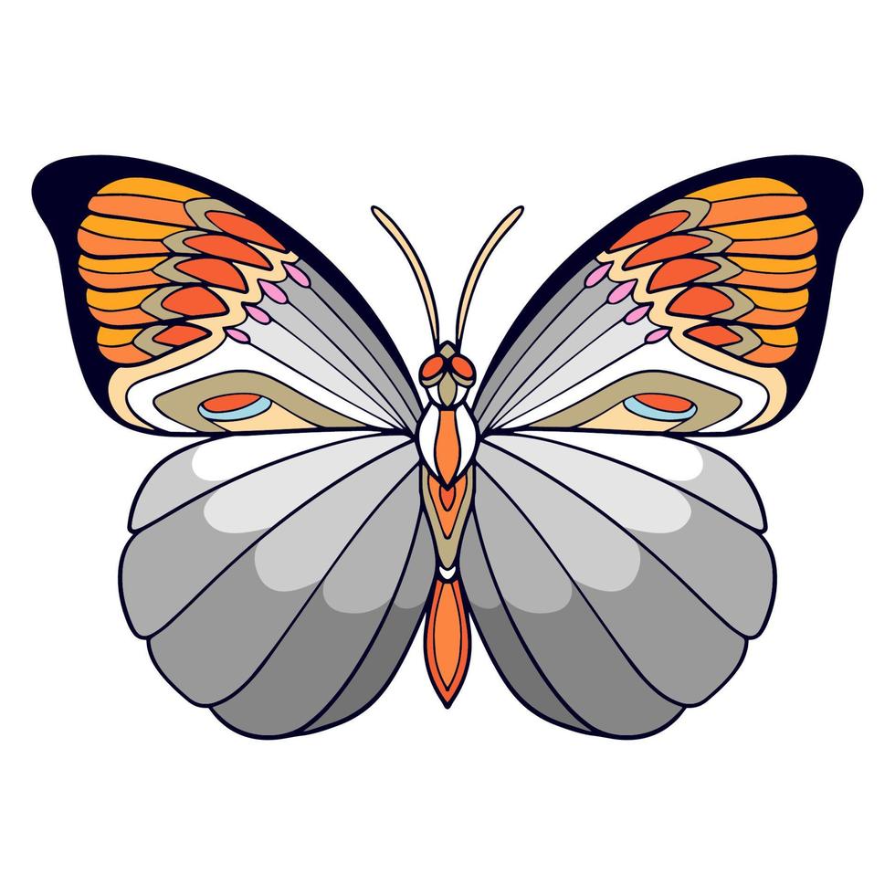 Coloridas artes mandala mariposa aislado sobre fondo blanco. vector