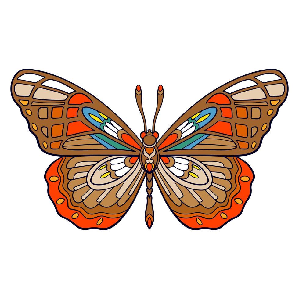 Coloridas artes mandala mariposa aislado sobre fondo blanco. vector