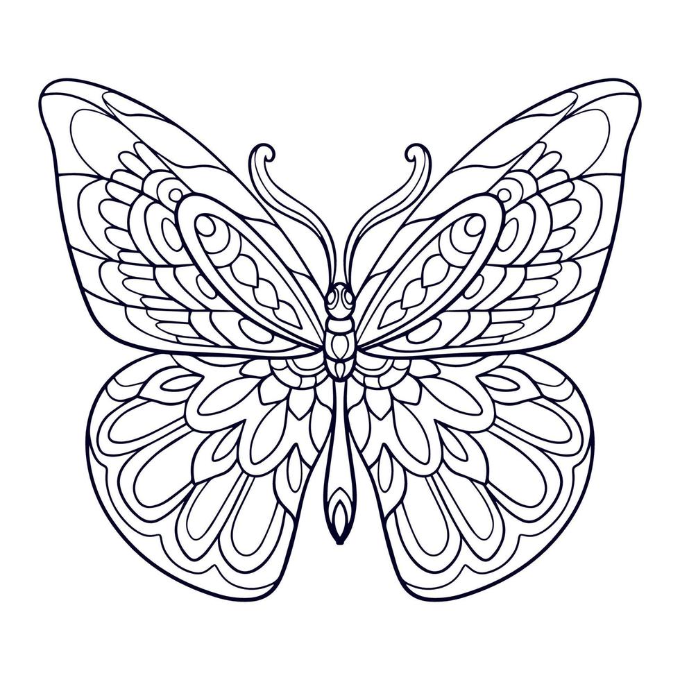 Bellas artes mandala mariposa aislado sobre fondo blanco. vector