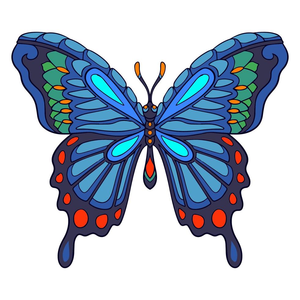 Coloridas artes mandala mariposa aislado sobre fondo blanco. vector