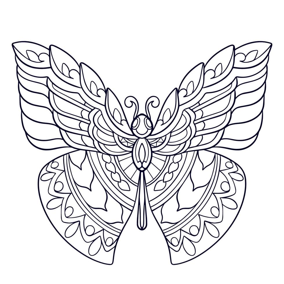 Bellas artes mandala mariposa aislado sobre fondo blanco. vector
