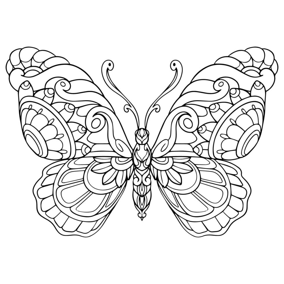 Bellas artes mandala mariposa aislado sobre fondo blanco. vector