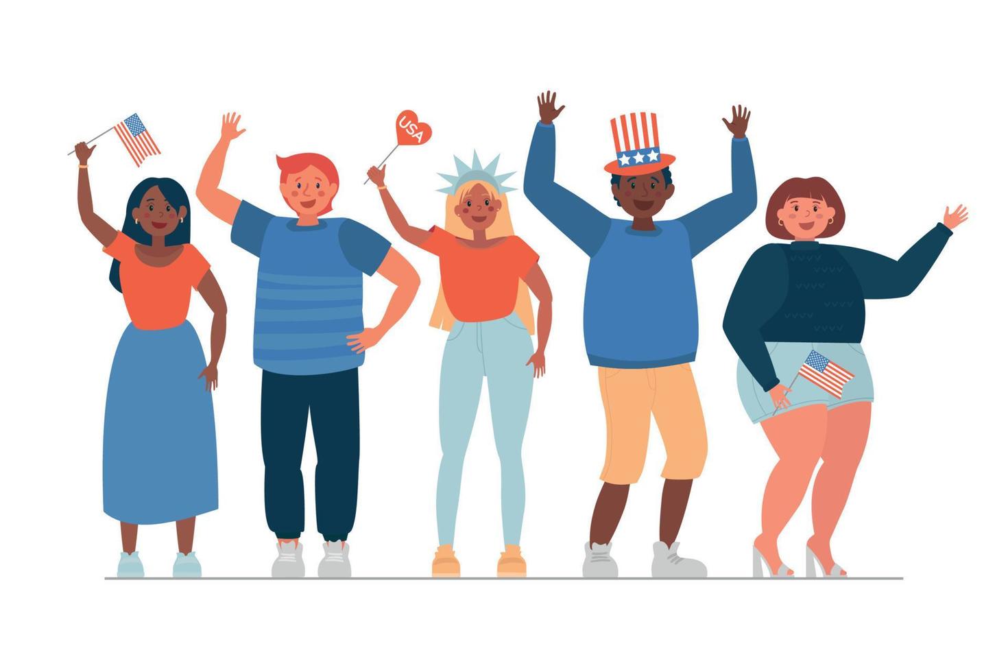 Diverse people celebrate American Independence Day. Parade with flags. Flat modern vector illustration.