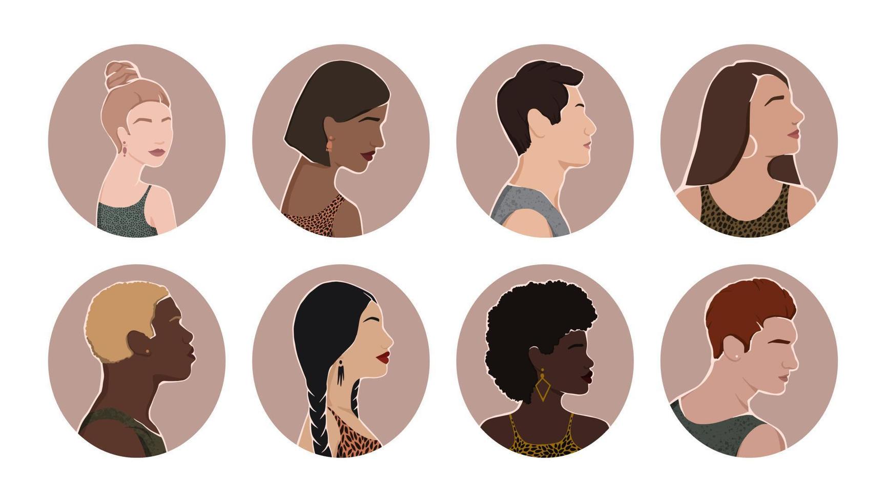 un conjunto de íconos con un grupo de personas diversas de diferentes orígenes étnicos están juntos. todas las personas son iguales. ilustración plana vector